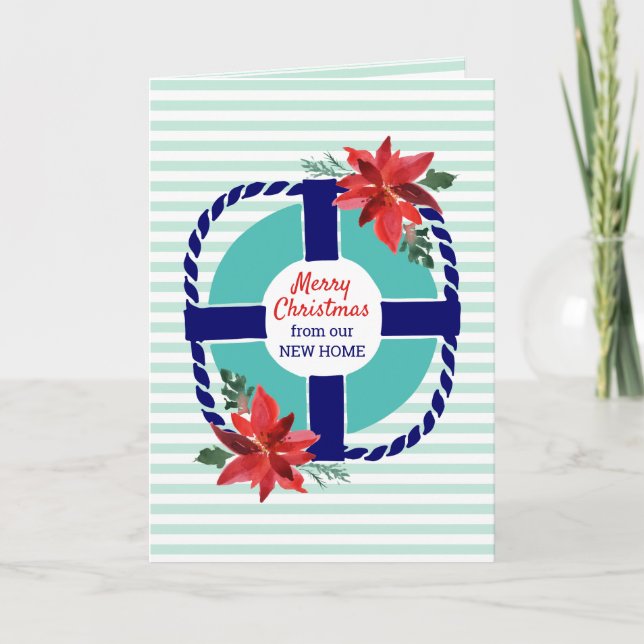 Nautical Beachy Poinsettia New Address Holiday Card (Front)