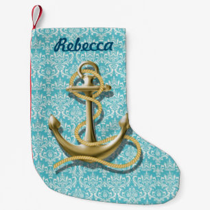 nautical beachy turquoise damask gold anchor small christmas stocking