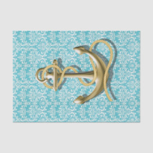 nautical beachy turquoise damask gold anchor tissue paper