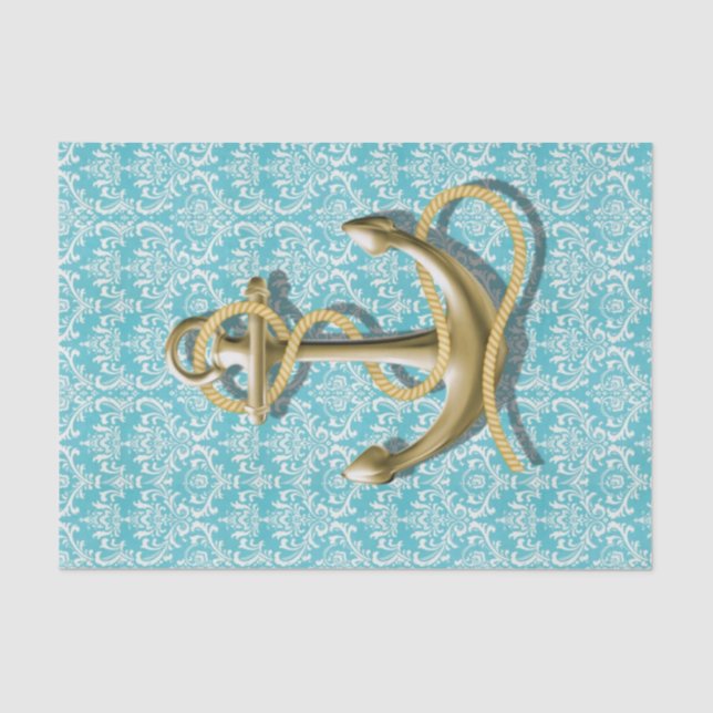 nautical beachy turquoise damask gold anchor tissue paper (Front)