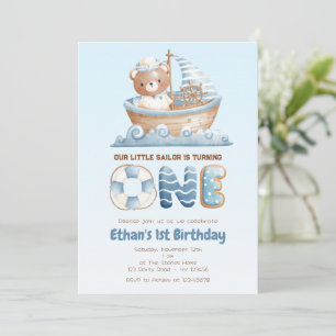 Nautical Bear 1st Birthday Invitation - Blue Boat