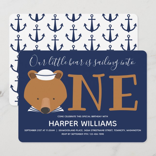Nautical Bear Animal First Birthday Invitation (Front/Back)