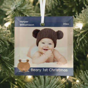 Nautical Bear Photo Baby First Christmas Glass Tree Decoration