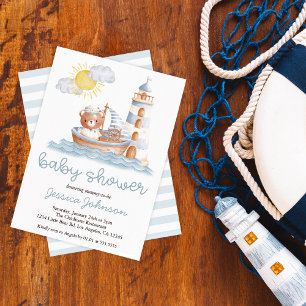 Nautical Bear Watercolor Boat Baby Shower  Invitation