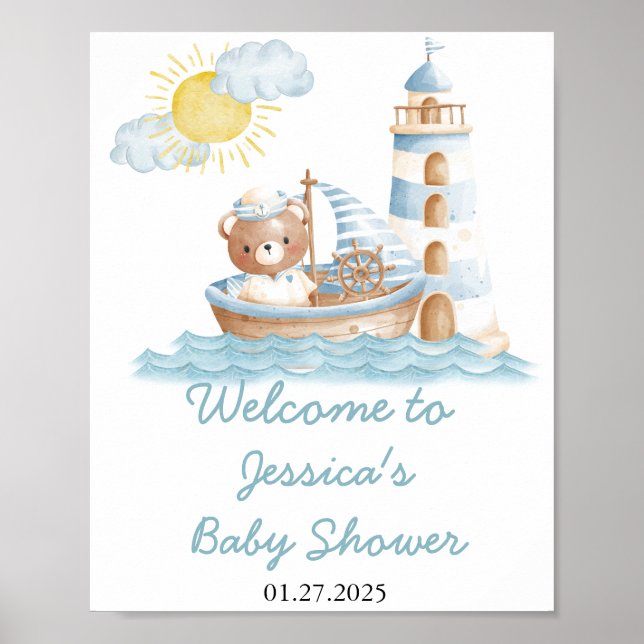 Nautical Bear Watercolor Boat Baby Shower Welcome Poster (Front)