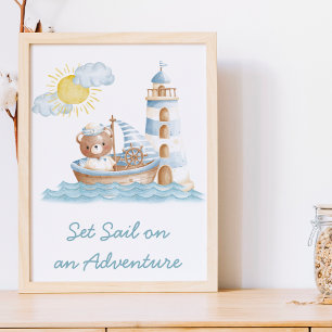 Nautical Bear Watercolor Boat Nursery Wall Art