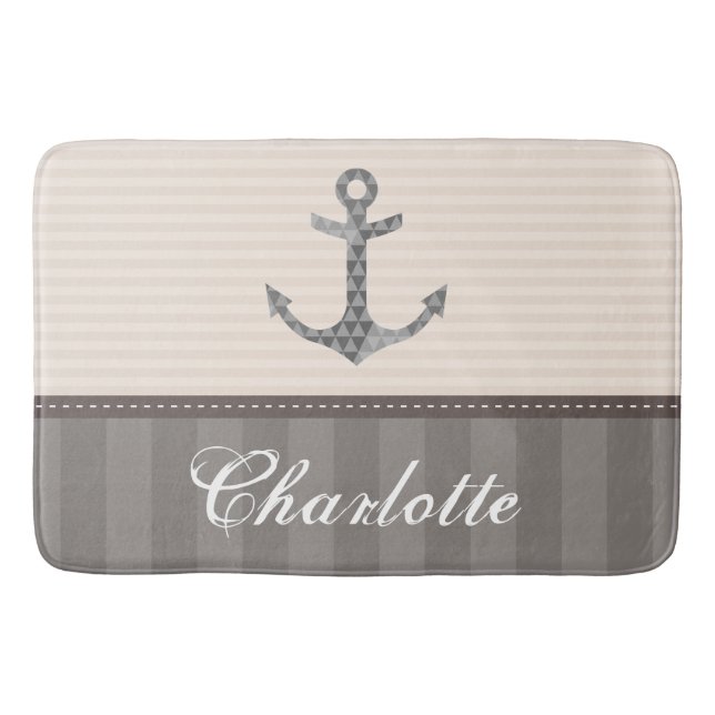 Nautical Beige and Brown Anchor Custom Name Bath Mat (Front)