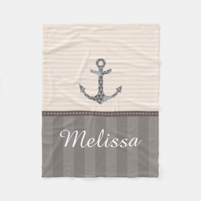 Nautical Beige and Brown Anchor Custom Name Fleece Blanket (Front)