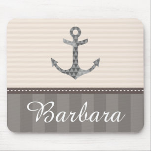 Nautical Beige and Brown Anchor Custom Name Mouse Mat