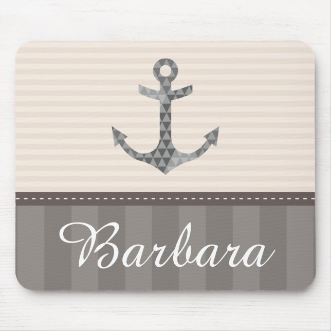 Nautical Beige and Brown Anchor Custom Name Mouse Mat (Front)