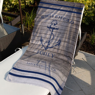 Nautical Beige Wood Custom Family Anchor Beach Towel