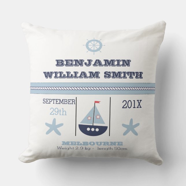 Nautical Birth Announcement Cushion For Boy (Front)
