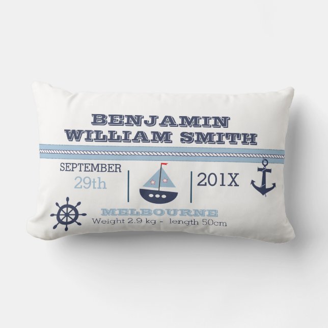 Nautical Birth Announcement Cushion For Boy (Front)