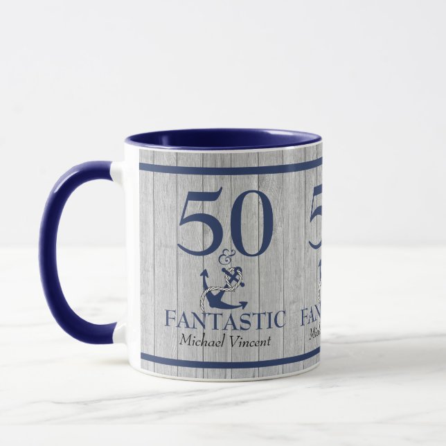 Nautical Birthday 50 and Fantastic  Navy Blue Grey Mug (Left)