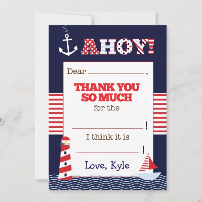 Nautical Birthday Fill In The Blank Thank You Note Card (Front)