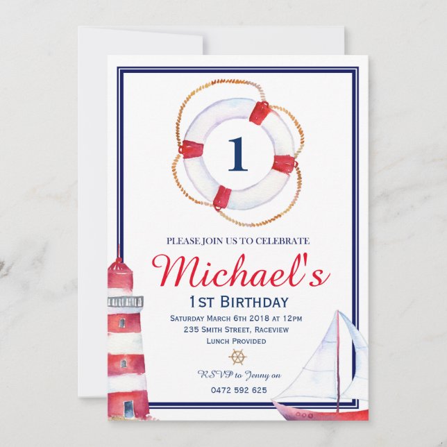 Nautical Birthday Invitation Invite Navy Blue Sail (Front)