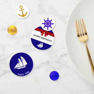 Nautical Birthday on Blue Golden & White Confetti