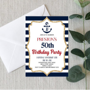 Nautical Birthday Party Invitation Custom Navy Blu