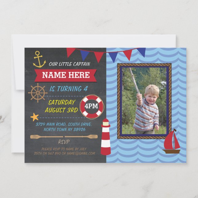 Nautical Birthday Party Photo Sailor Boats Invite (Front)