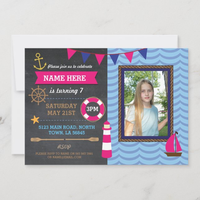 Nautical Birthday Party Photo  Sailor Boats Invite (Front)