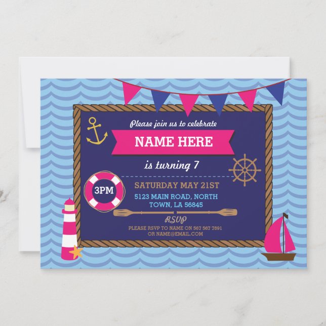 Nautical Birthday Party Sailor Boats Pirate Invite (Front)