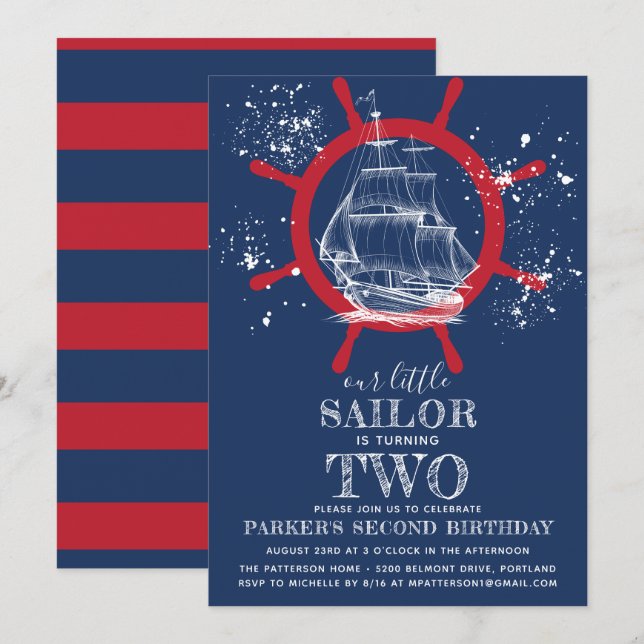 Nautical Birthday Sailor Blue Invitation (Front/Back)