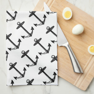Nautical Black Anchor Pattern Tea Towel
