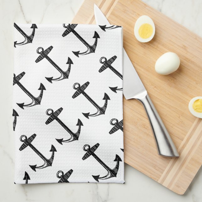 Nautical Black Anchor Pattern Tea Towel (Quarter Fold)