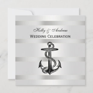 Nautical Black Anchor Silver Wt BG SQ Wedding Invitation