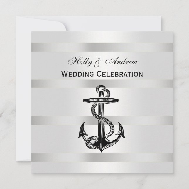 Nautical Black Anchor Silver Wt BG SQ Wedding Invitation (Front)