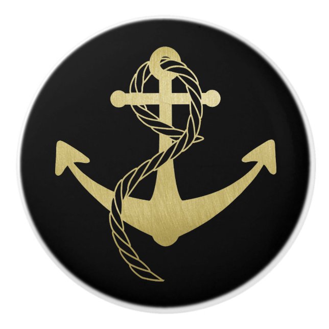 Nautical Black and Gold Sailboat Sailor Yacht Ceramic Knob (Front)