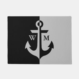 Nautical Black and Grey Anchor Monogram Doormat