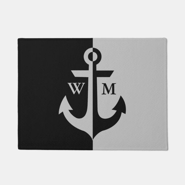 Nautical Black and Grey Anchor Monogram Doormat (Front)