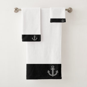 Nautical Black And White Anchor Banded Bath Towel Set