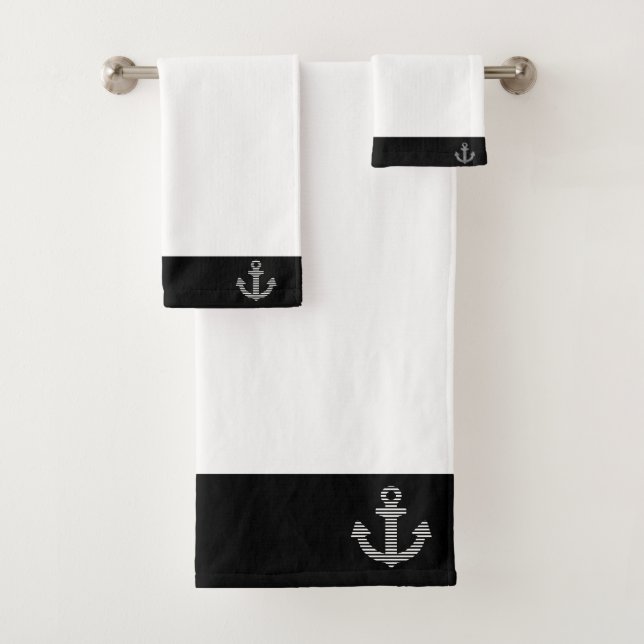 Nautical Black And White Anchor Banded  Bath Towel Set (Insitu)