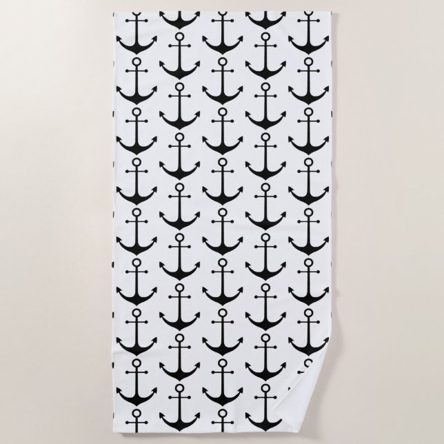 Nautical black and white anchor pattern modern beach towel (Front)