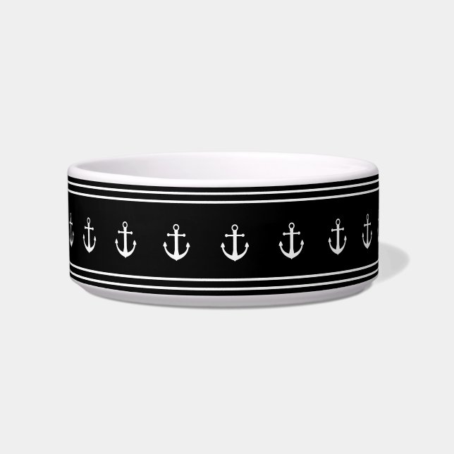 Nautical Black and White Anchors Pet Bowl (Front)