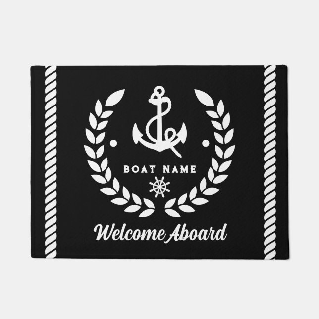 Nautical black and white Custom Boat Name Welcome  Doormat (Front)