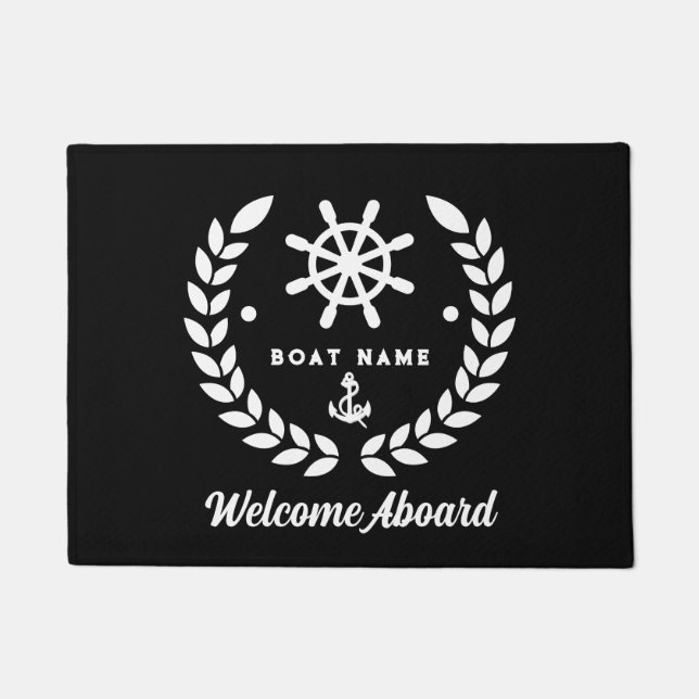 Nautical black and white Custom Boat Name Welcome  Doormat (Front)