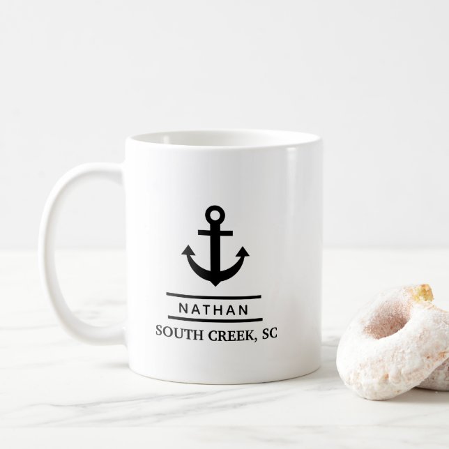 Nautical Black Custom Boat Name Coffee Mug (With Donut)