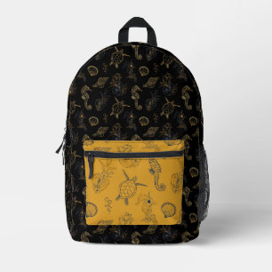 Nautical black gold seahorse shell turtle pattern printed backpack