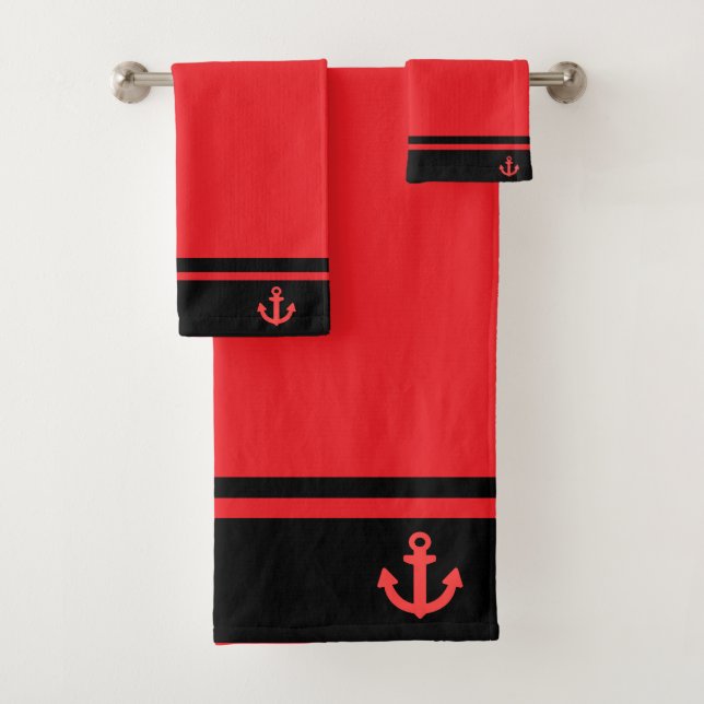 Nautical Black Red Anchor Banded  Bath Towel Set (Insitu)