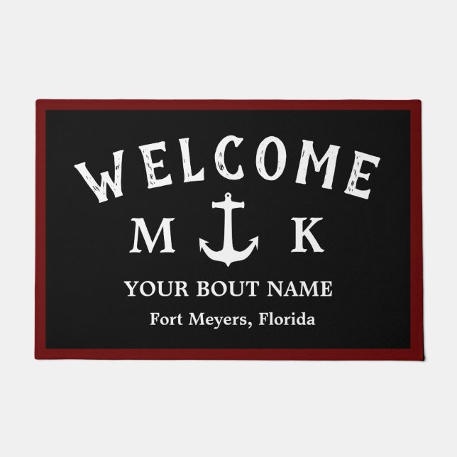 Nautical black Welcome Aboard Boat Name Anchor Doormat (Front)