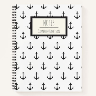 Nautical Black White Anchor Pattern Personalised Notebook