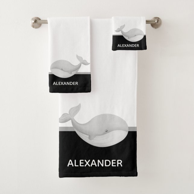 Nautical Black White and Grey Whale Bath Towel Set (Insitu)