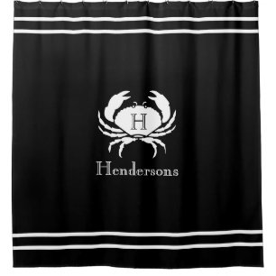 Nautical Black  White Crab Monogram Name  Shower Curtain
