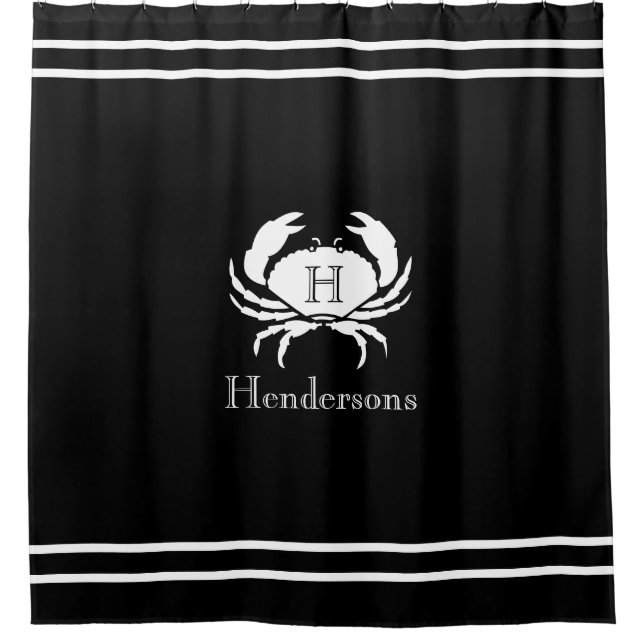 Nautical Black  White Crab Monogram Name  Shower Curtain (Front)