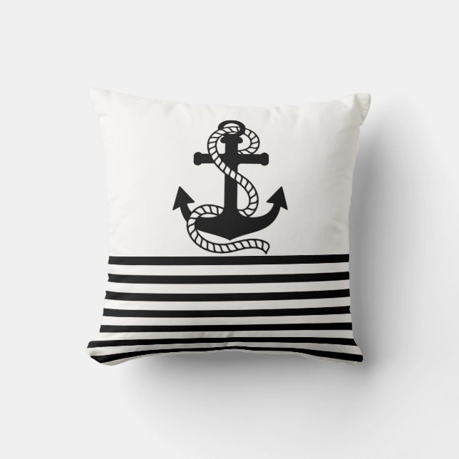 Nautical Black White Stripes and Black Anchor Cushion (Front)