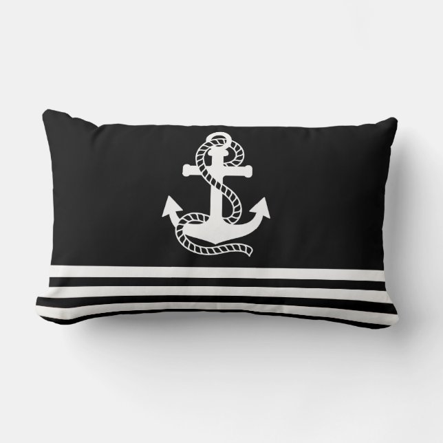Nautical Black White Stripes and Black Anchor Lumbar Cushion (Front)