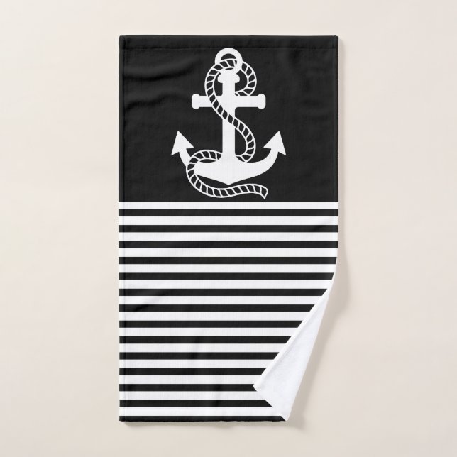 Nautical Black White Stripes and White Anchor Bath Towel Set (Hand Towel)
